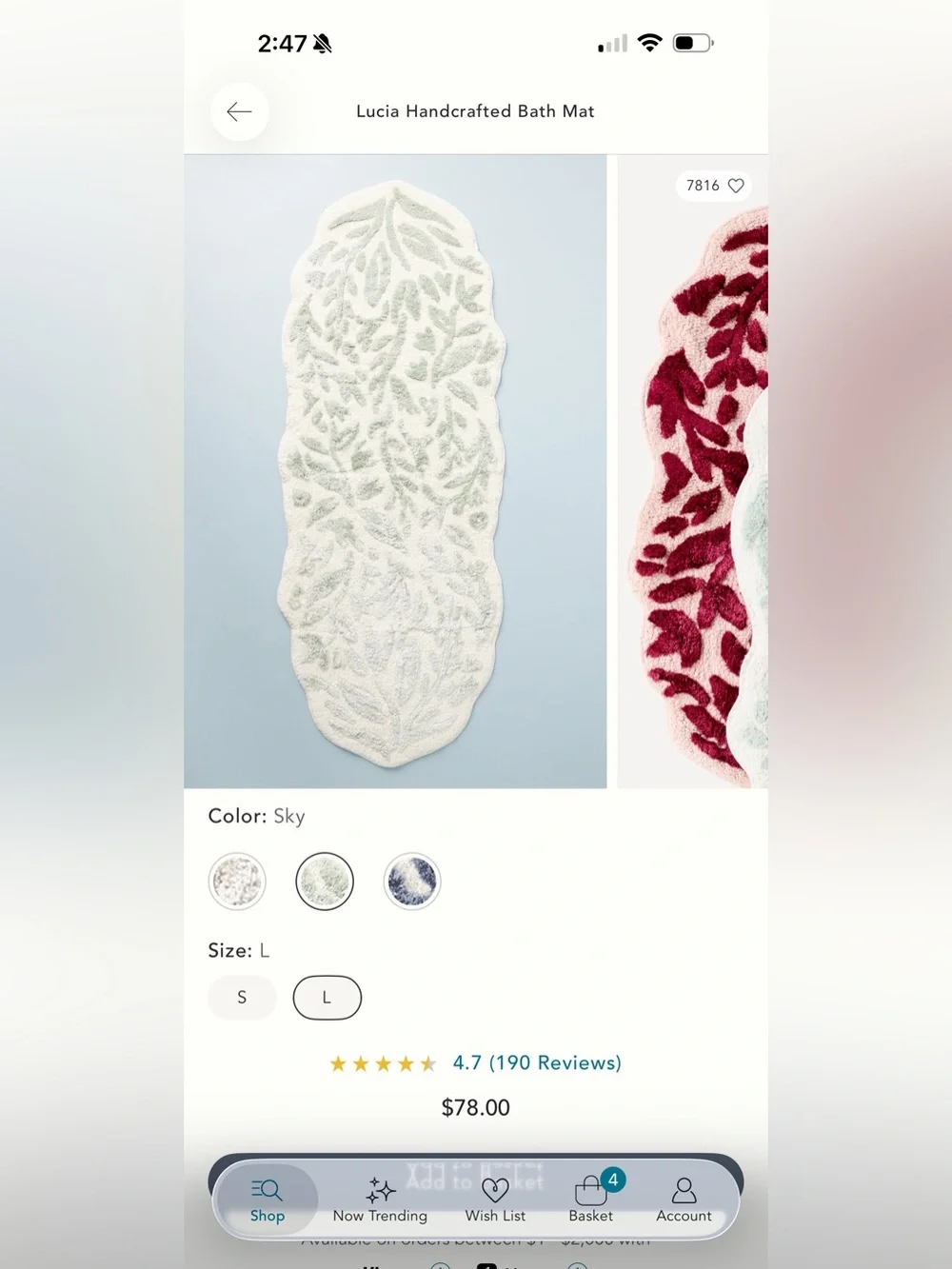 *SET OF 2* Plush Leaf-Pattern Bath Rug - Sky/White
